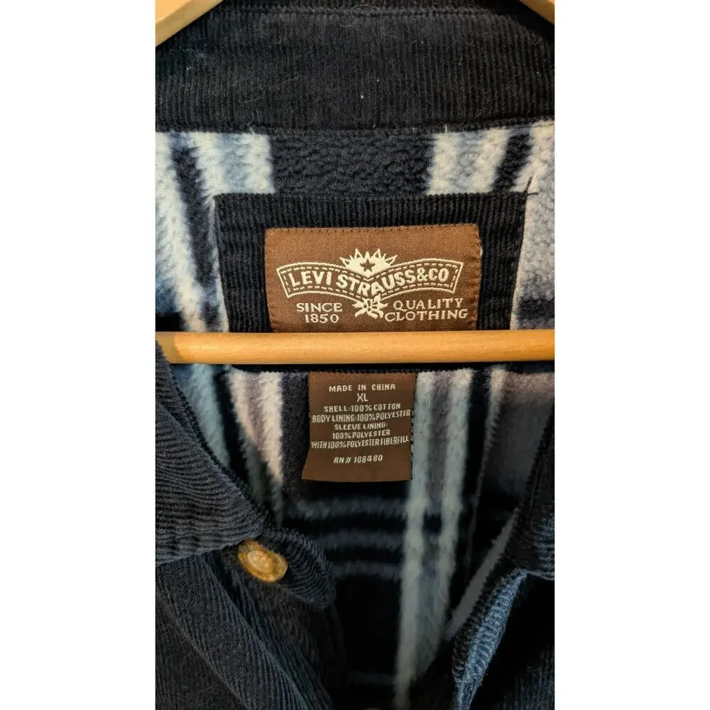Levi Shacket Men XL Blue Corduroy Flannel Plaid Hunting Outdoors Grunge Y2K